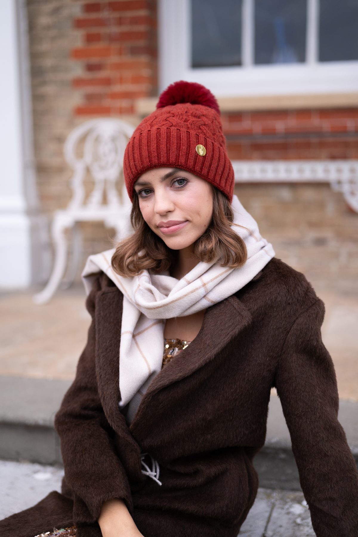 Burgundy Cable Knit Pom Pom Hat