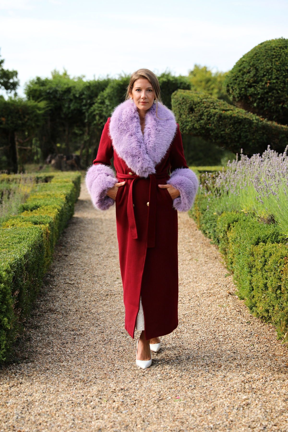 Mayfair Cashmere Coat Burgundy Lavender Fur