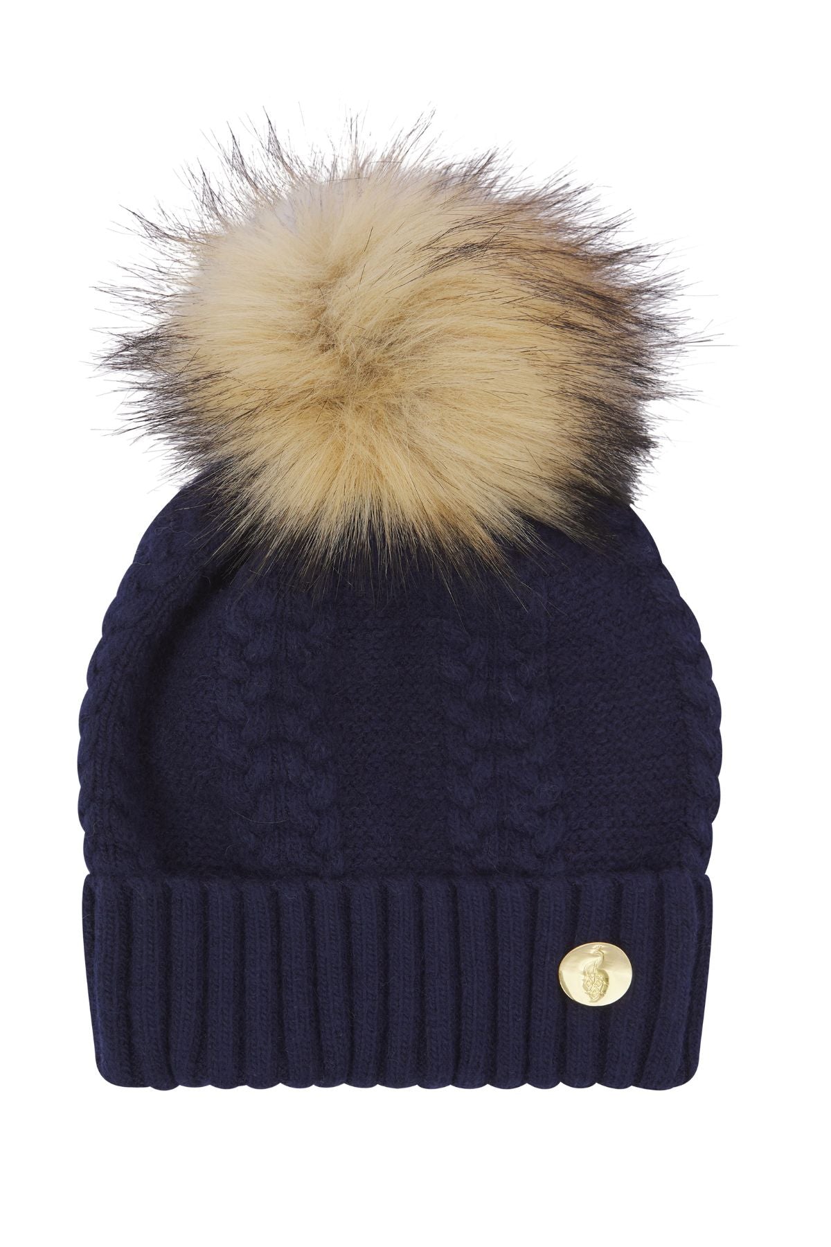 Cable Knit Cashmere Pom Pom Hat - Navy