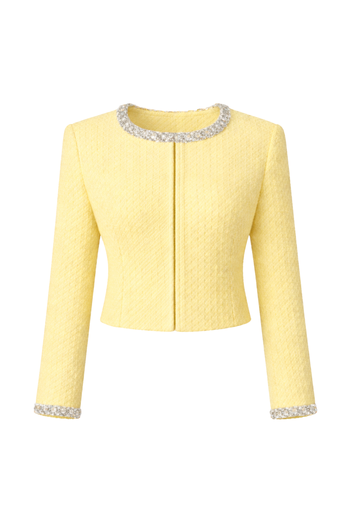 Mila Tweed Cropped Embellished Butter Yellow Jacket