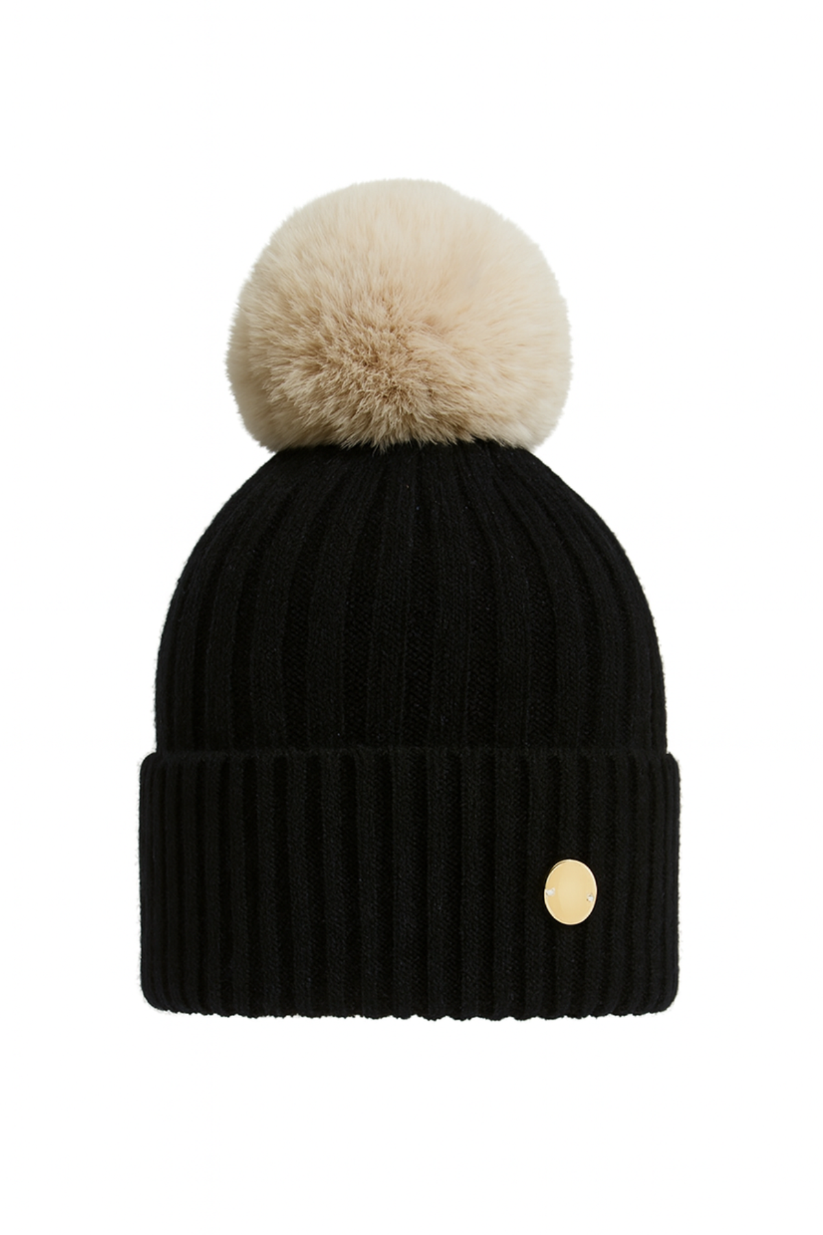Ribbed Cashmere Beanie Black With Beige Pom Pom
