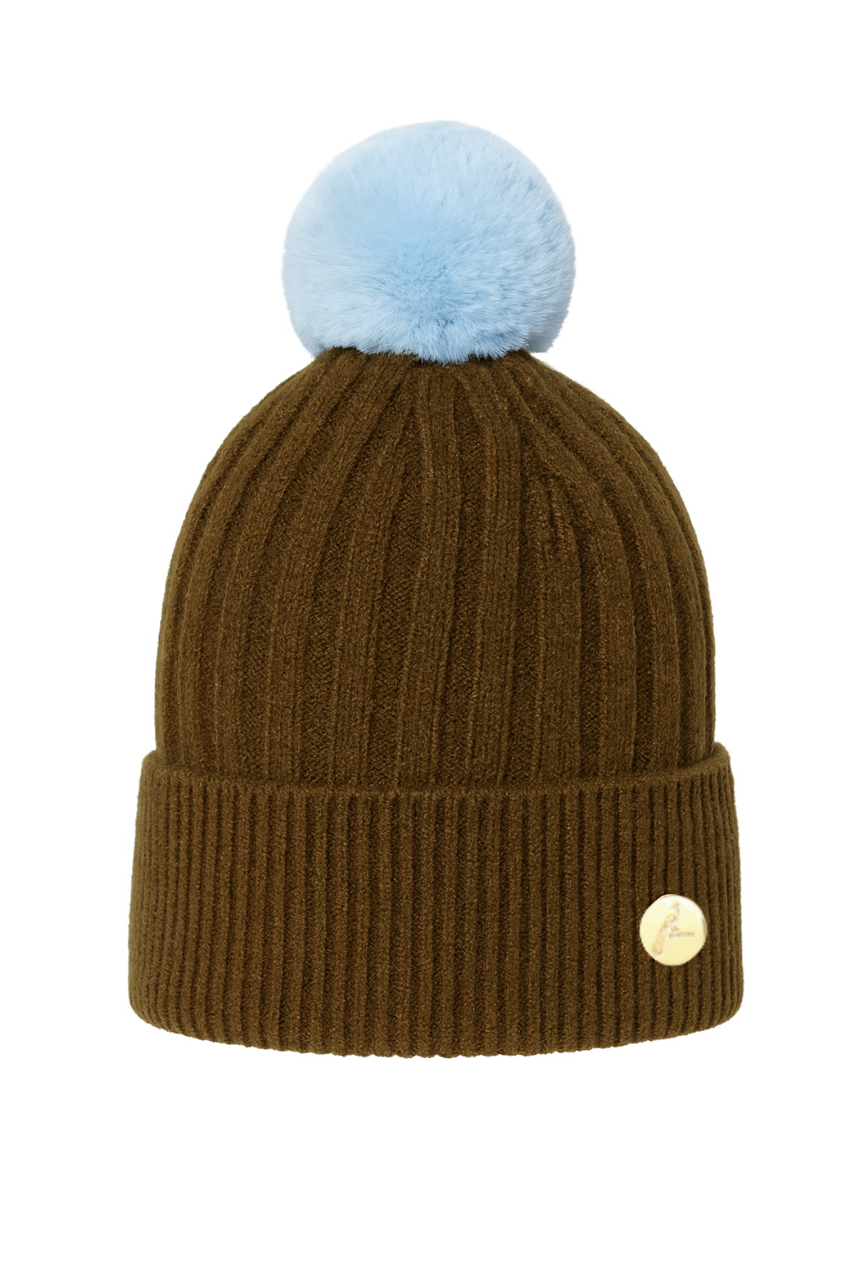 Ribbed Cashmere Beanie Olive With Blue Pom Pom