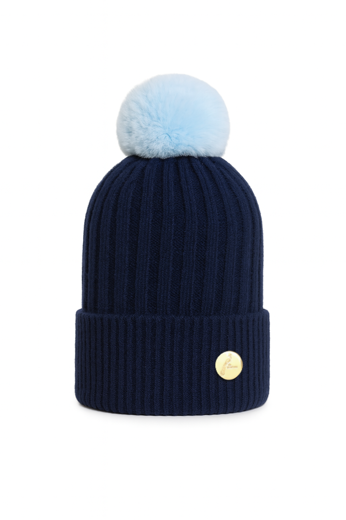 Ribbed Cashmere Beanie Navy With Blue Pom Pom