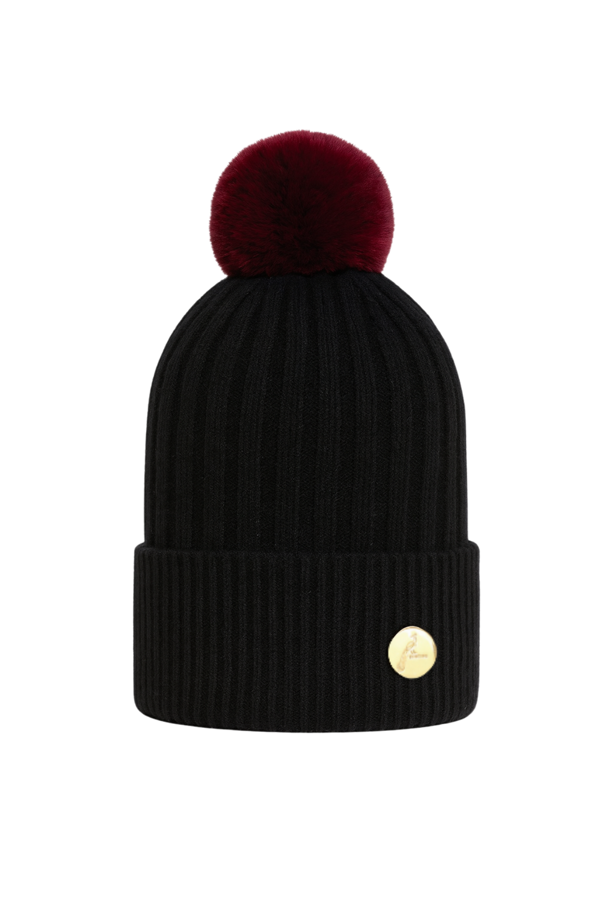 Ribbed Cashmere Beanie Black With Burgundy Pom Pom