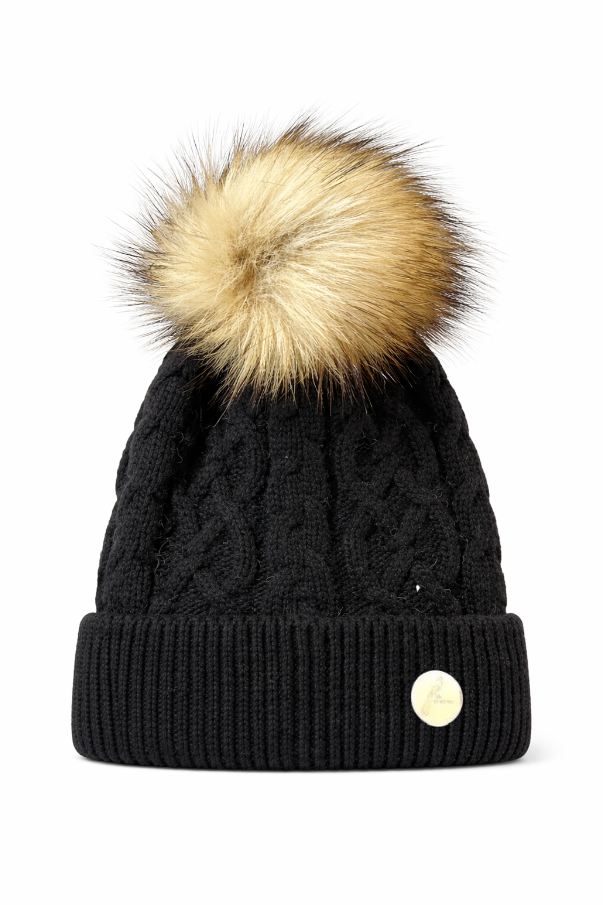 Cable Knit Black Faux Raccoon Pom Pom Hat