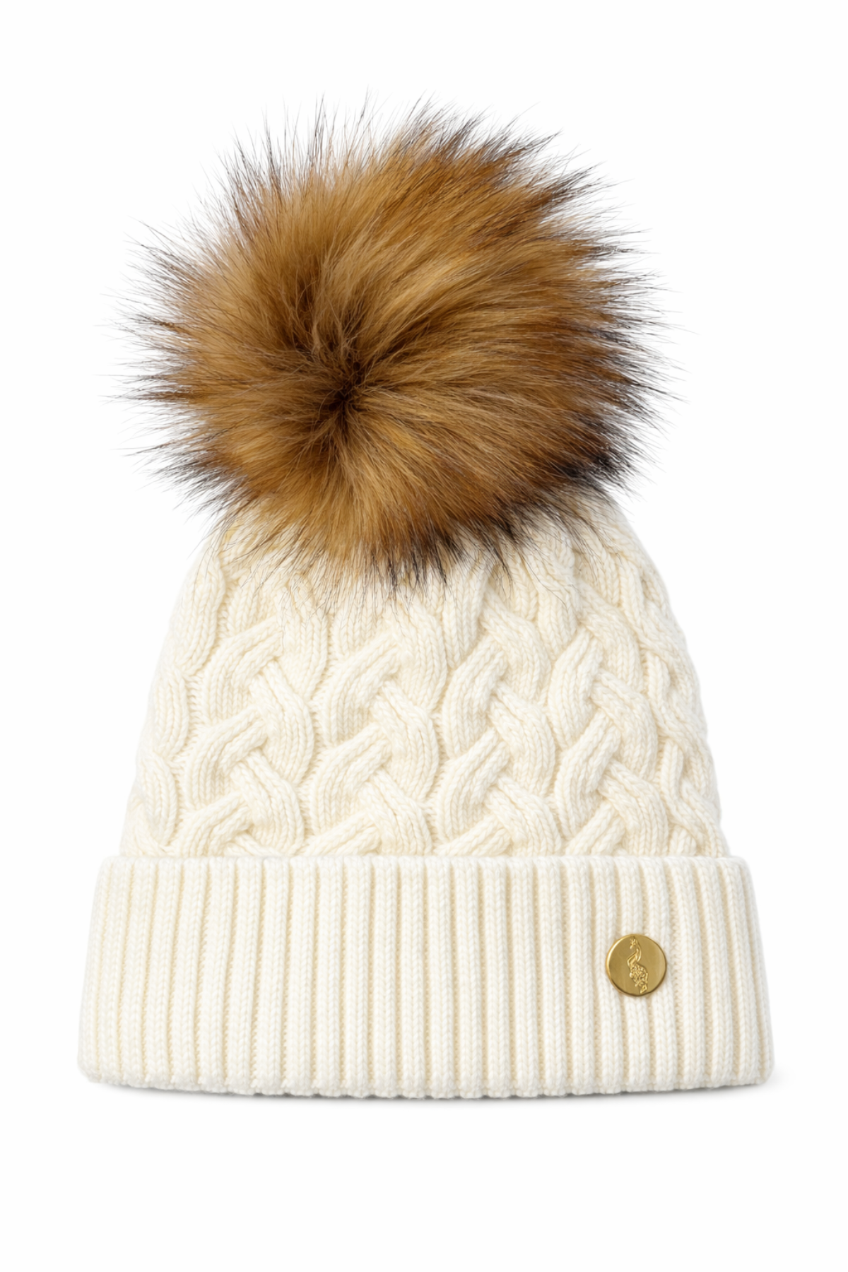Cable Knit Cream Faux Raccoon Pom Pom Hat