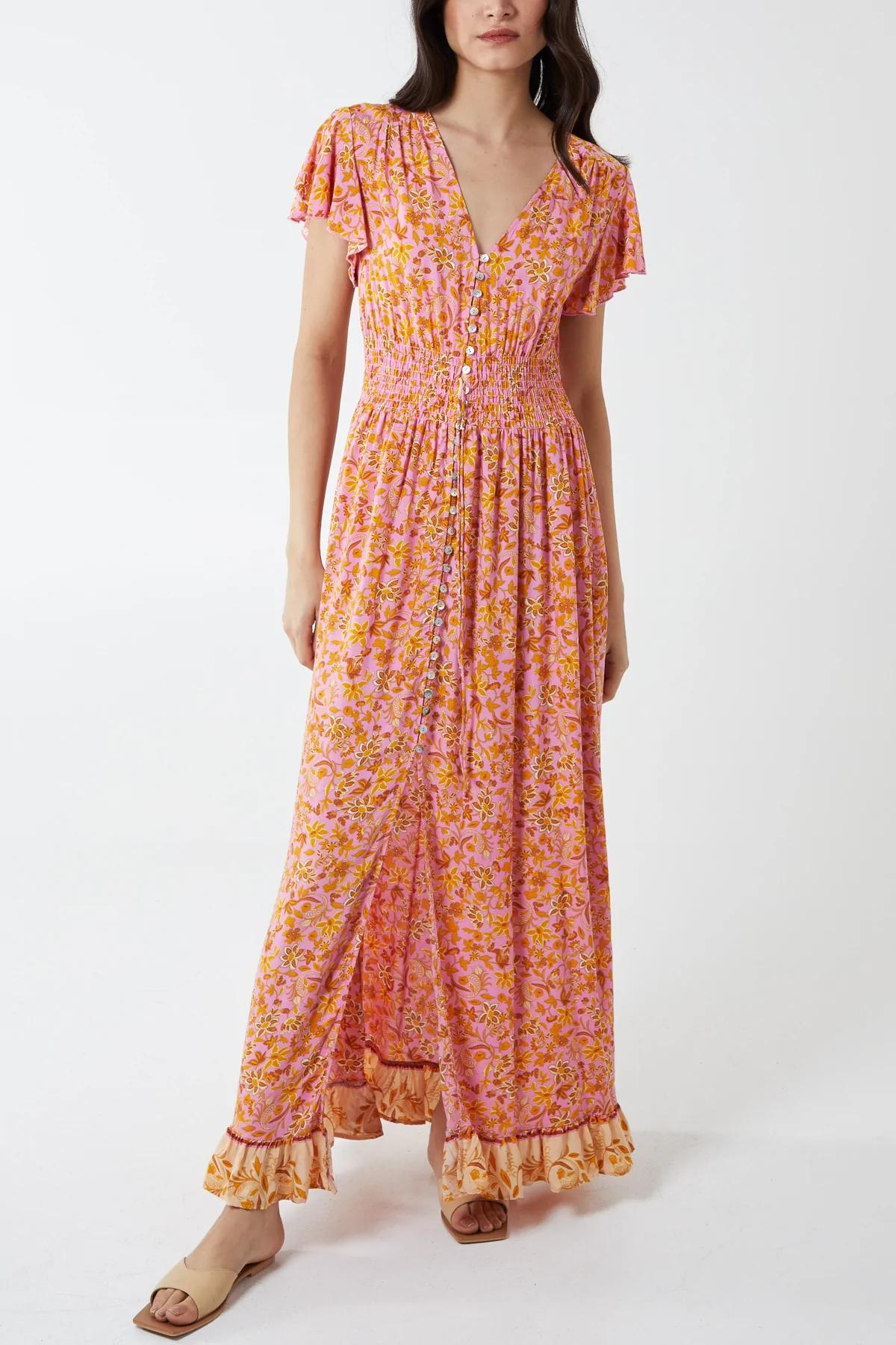 Floral Button Down Dress Pink & Orange