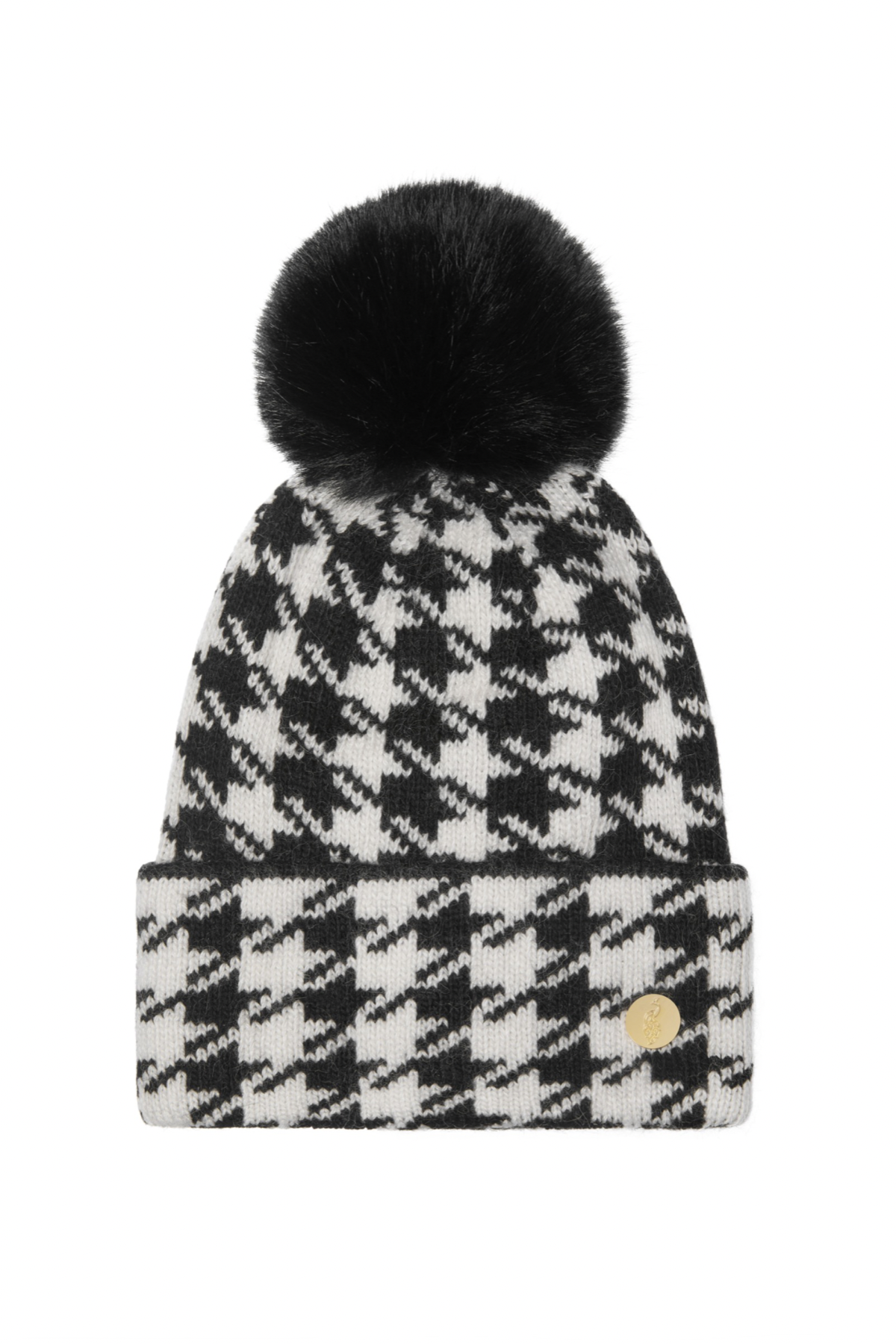 SAMPLE Houndstooth Cashmere Pom Pom Hat - GREY