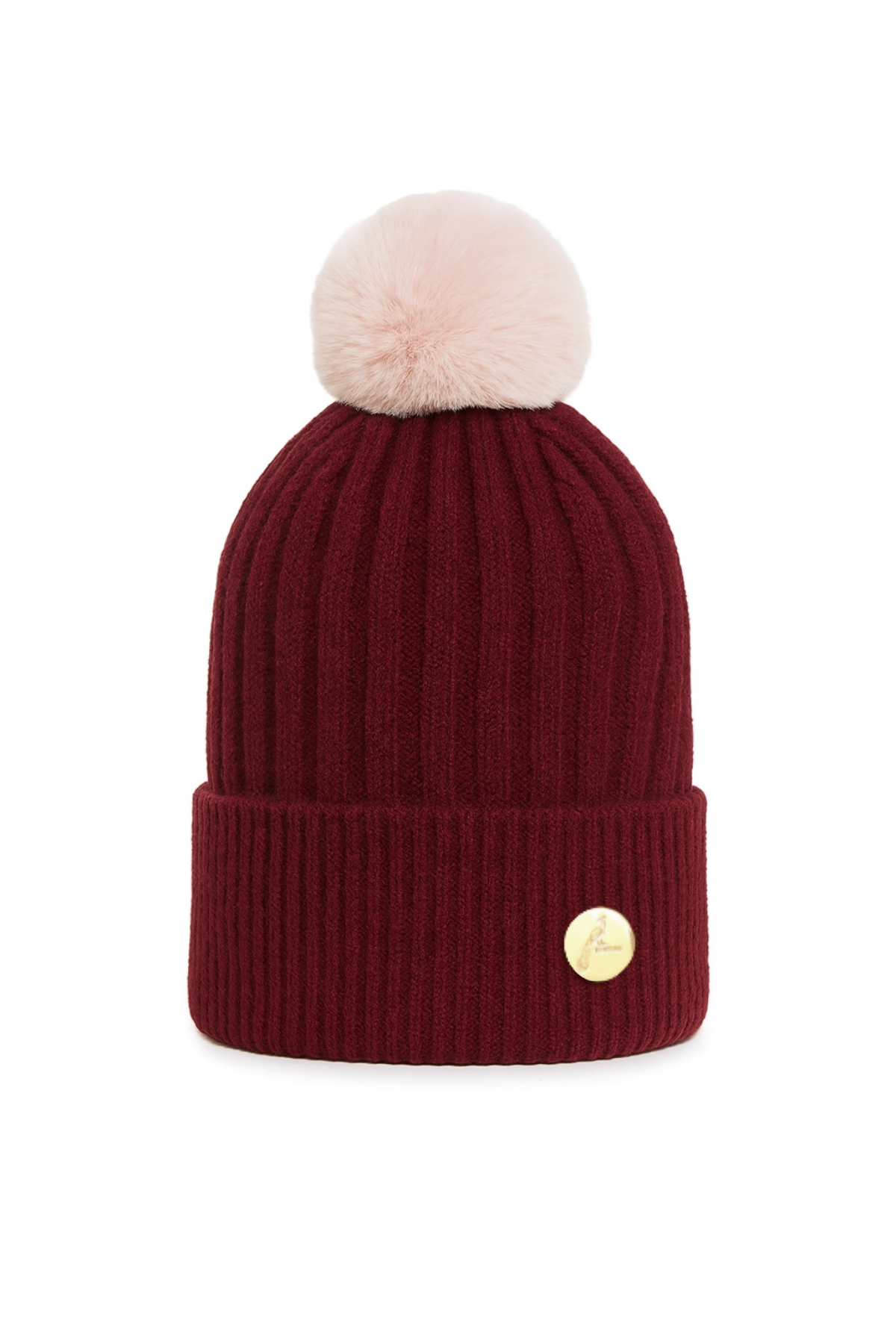 Ribbed Cashmere Beanie Burgundy With Pink Pom Pom