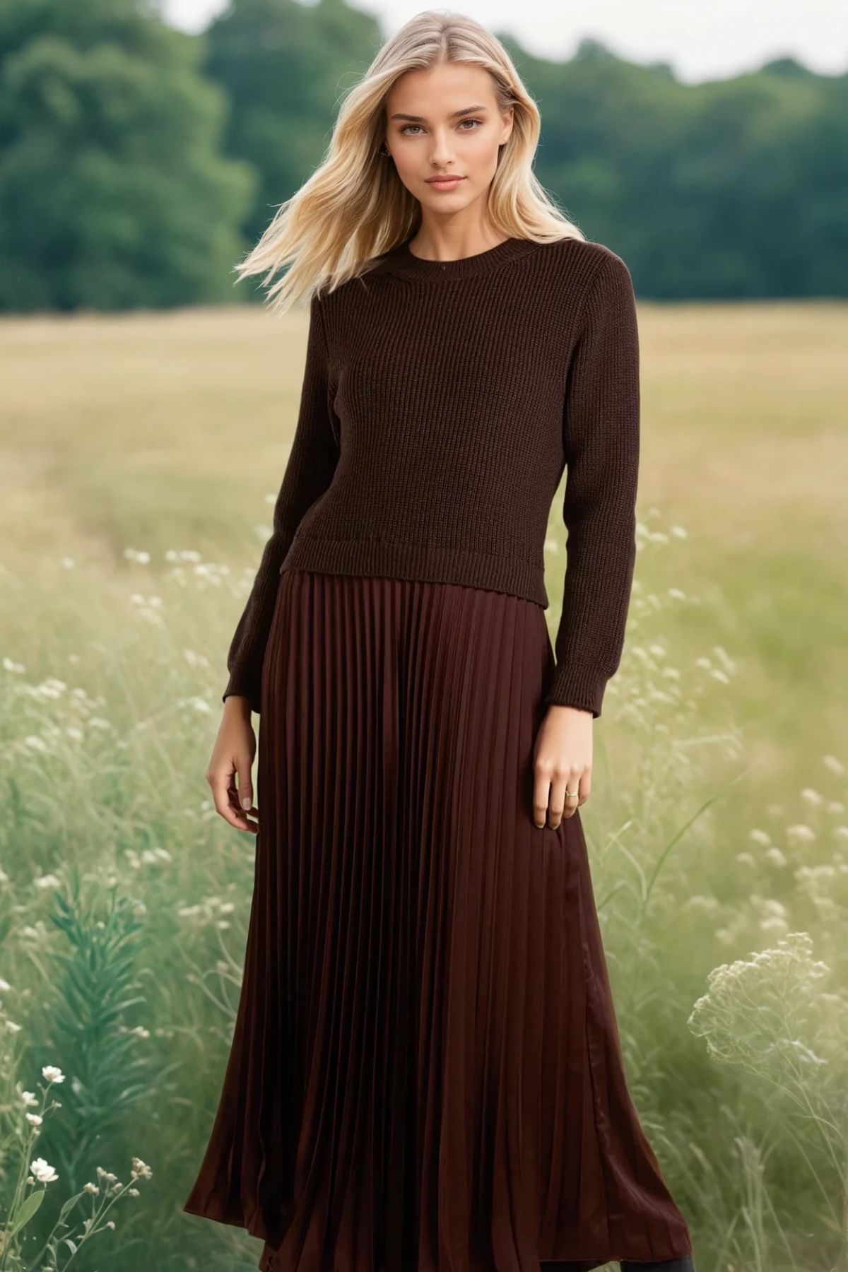 Knit Top Pleated Dress Chocolate Brown