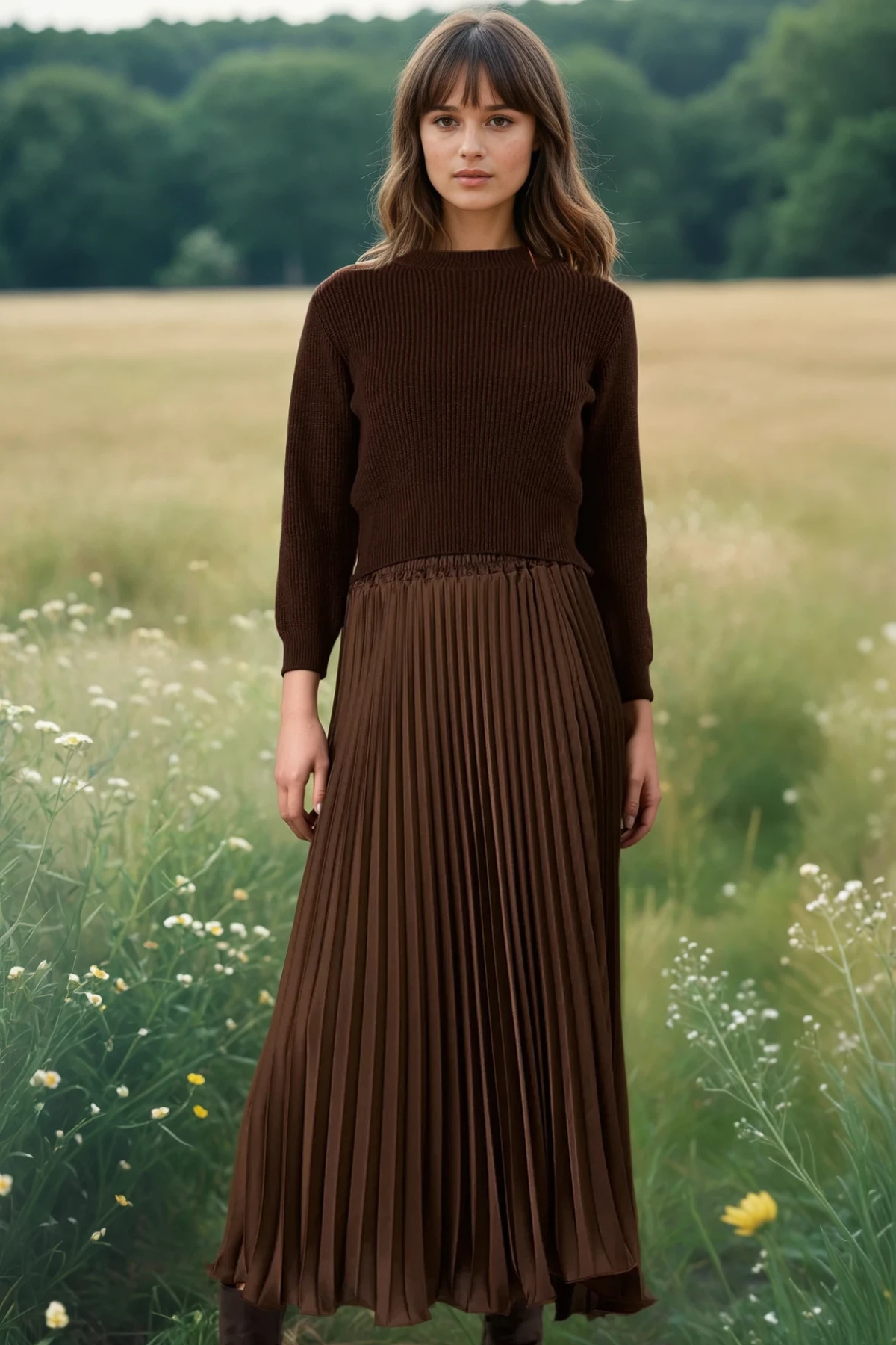 Knit Top Pleated Dress Chocolate Brown