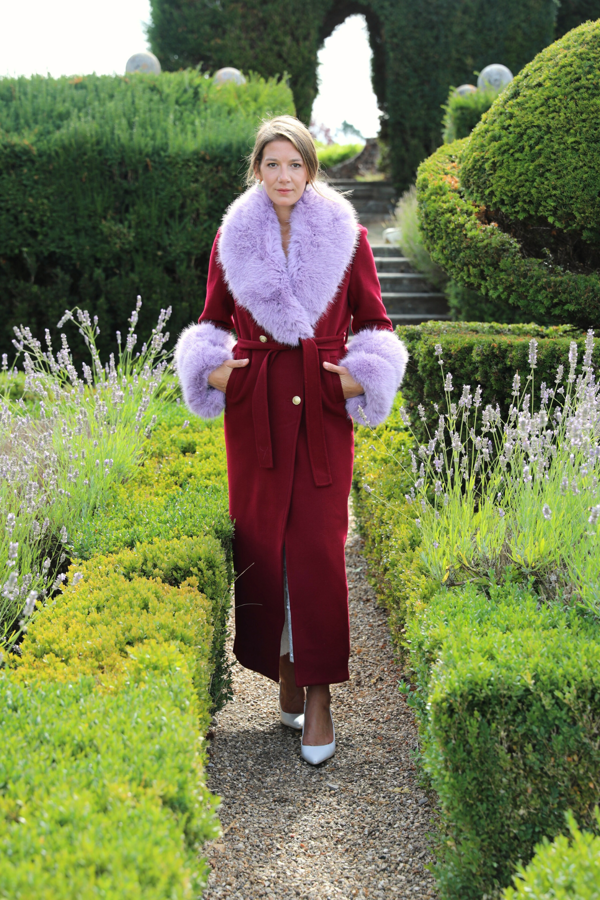 Mayfair Cashmere Coat Burgundy Lavender Fur