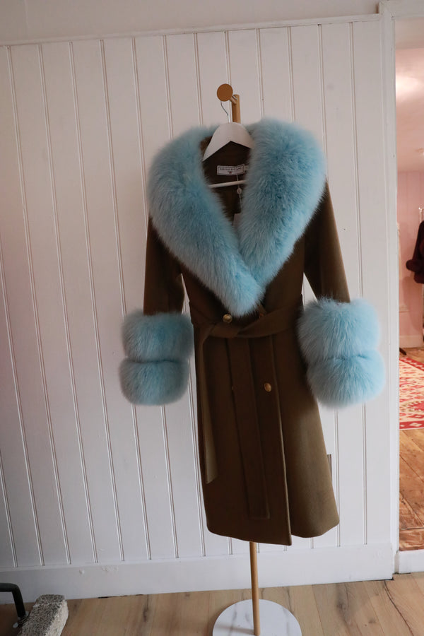 Wool Coat Long - Olive / Real Light Blue Fur - size 8