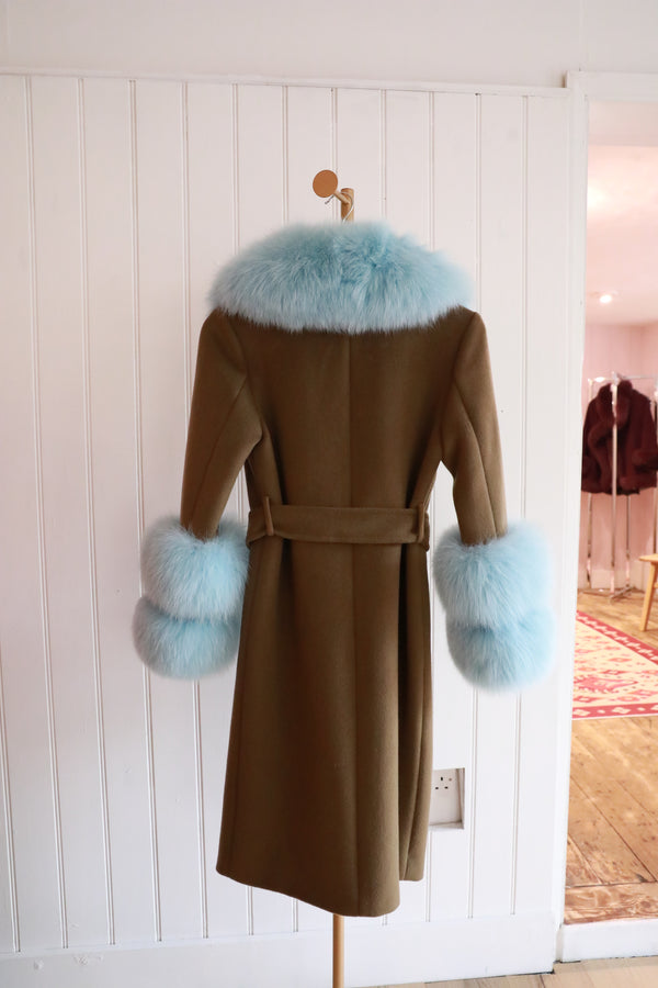 Wool Coat Long - Olive / Real Light Blue Fur - size 8