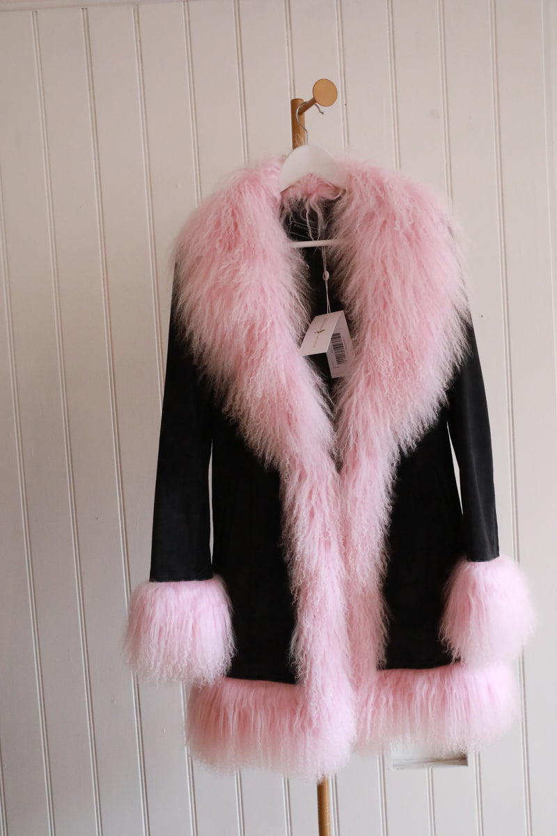 Mongolian Coat Long Black / Light Pink Fur - Size 8/10