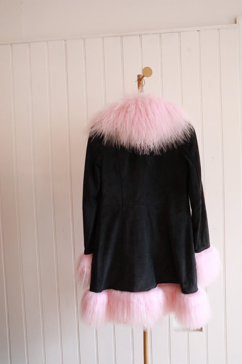 Mongolian Coat Long Black / Light Pink Fur - Size 8/10