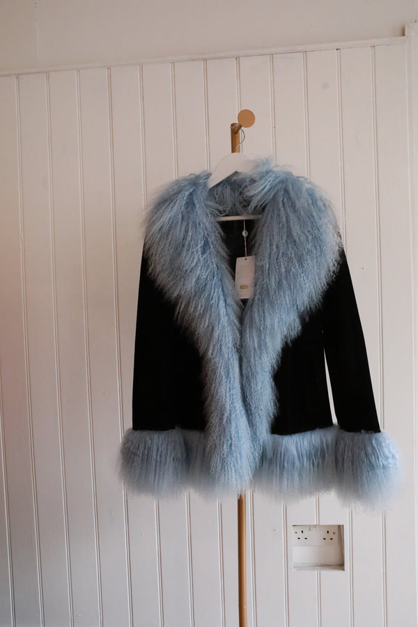 Mongolian Coat Short Black / Light Blue Fur size