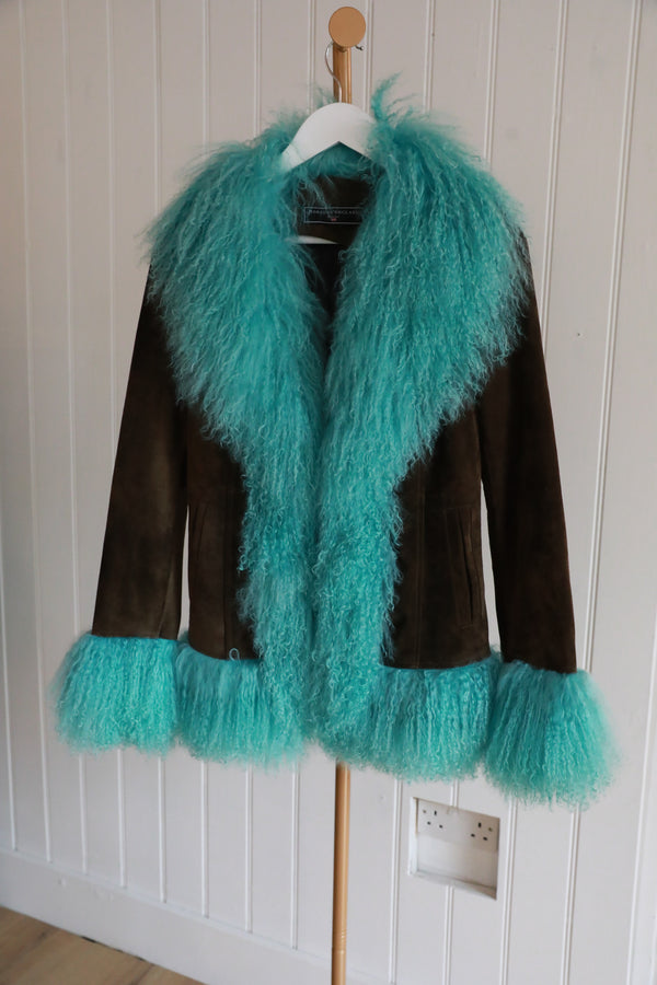 Mongolian Suede Coat Short Olive/Turquoise - size 8