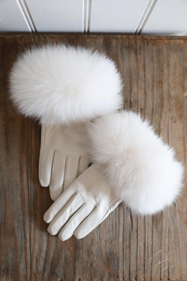 Leather Fur Gloves White