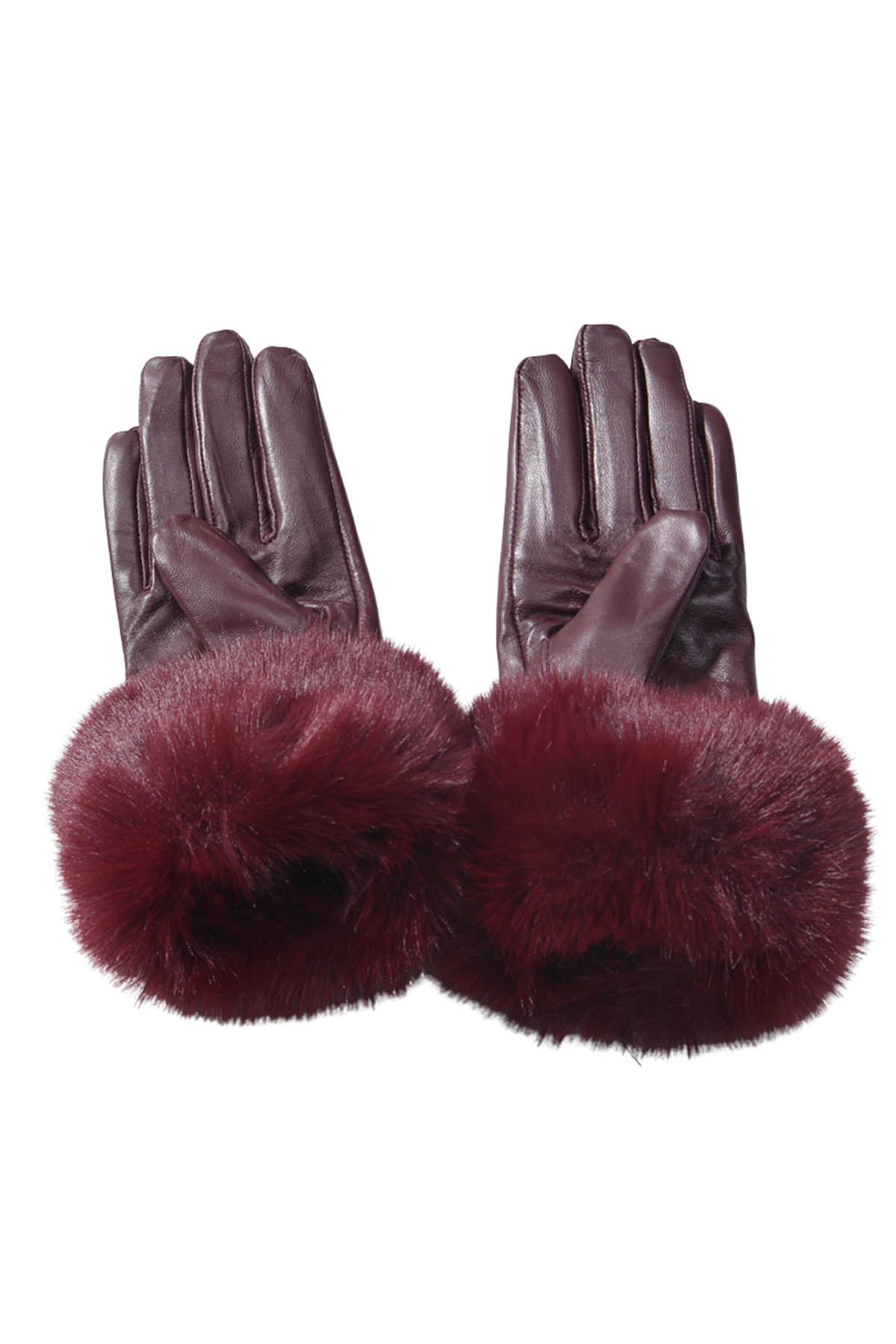Leather Burgundy Gloves With Faux Fur