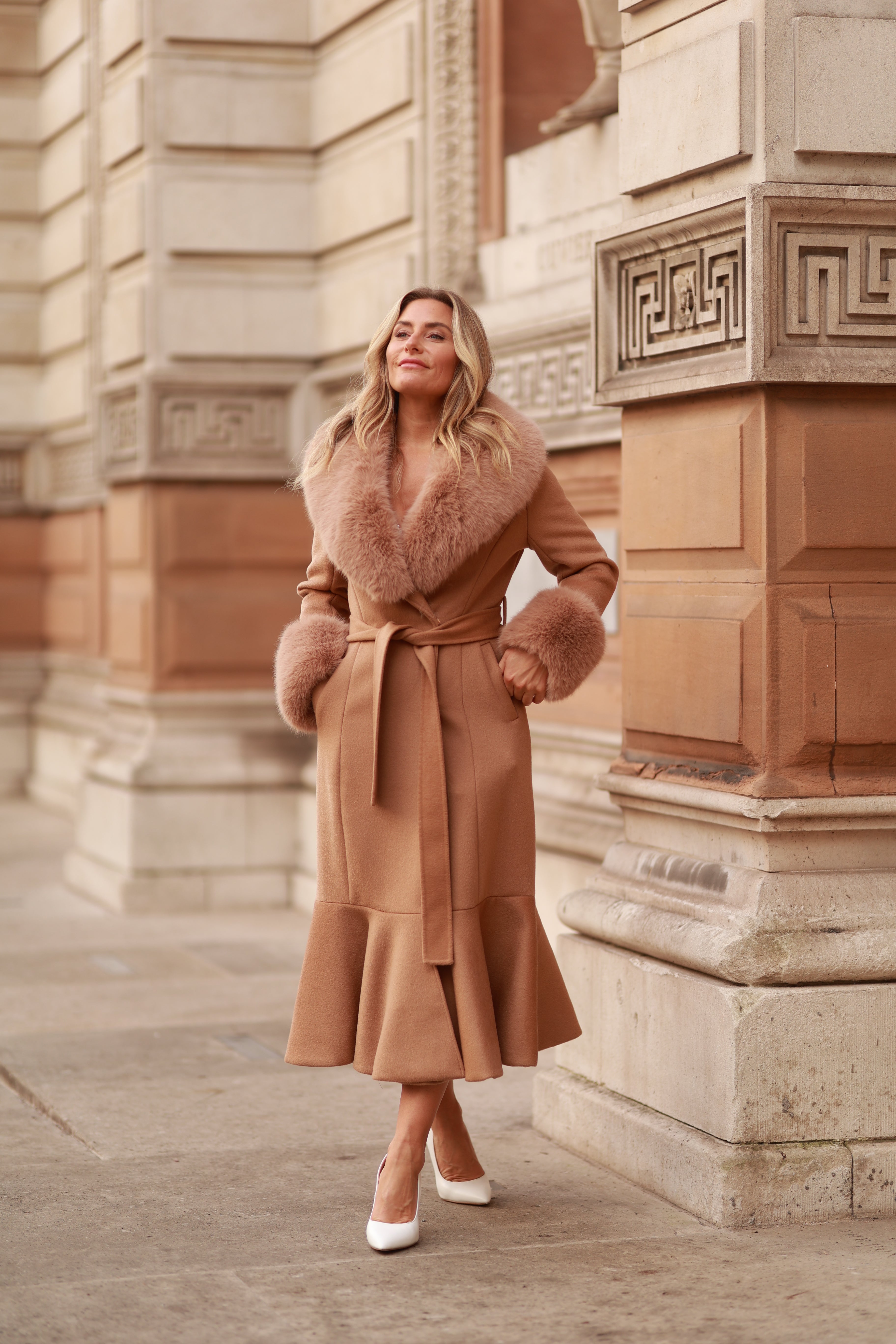 SAMPLE Westminster Cashmere Peplum Coat Tan Size 14, 16