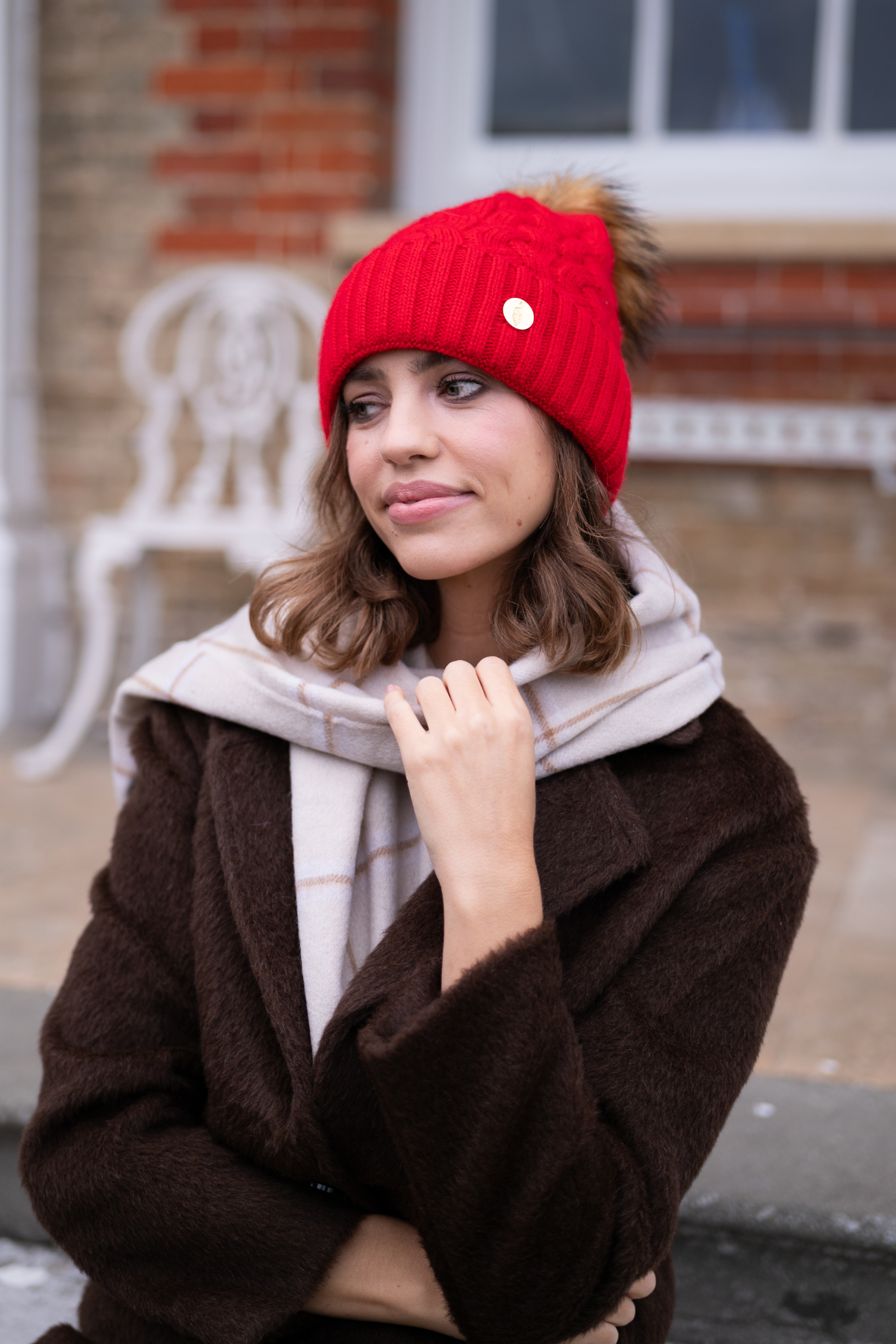 Red Cable Knit Pom Pom Hat