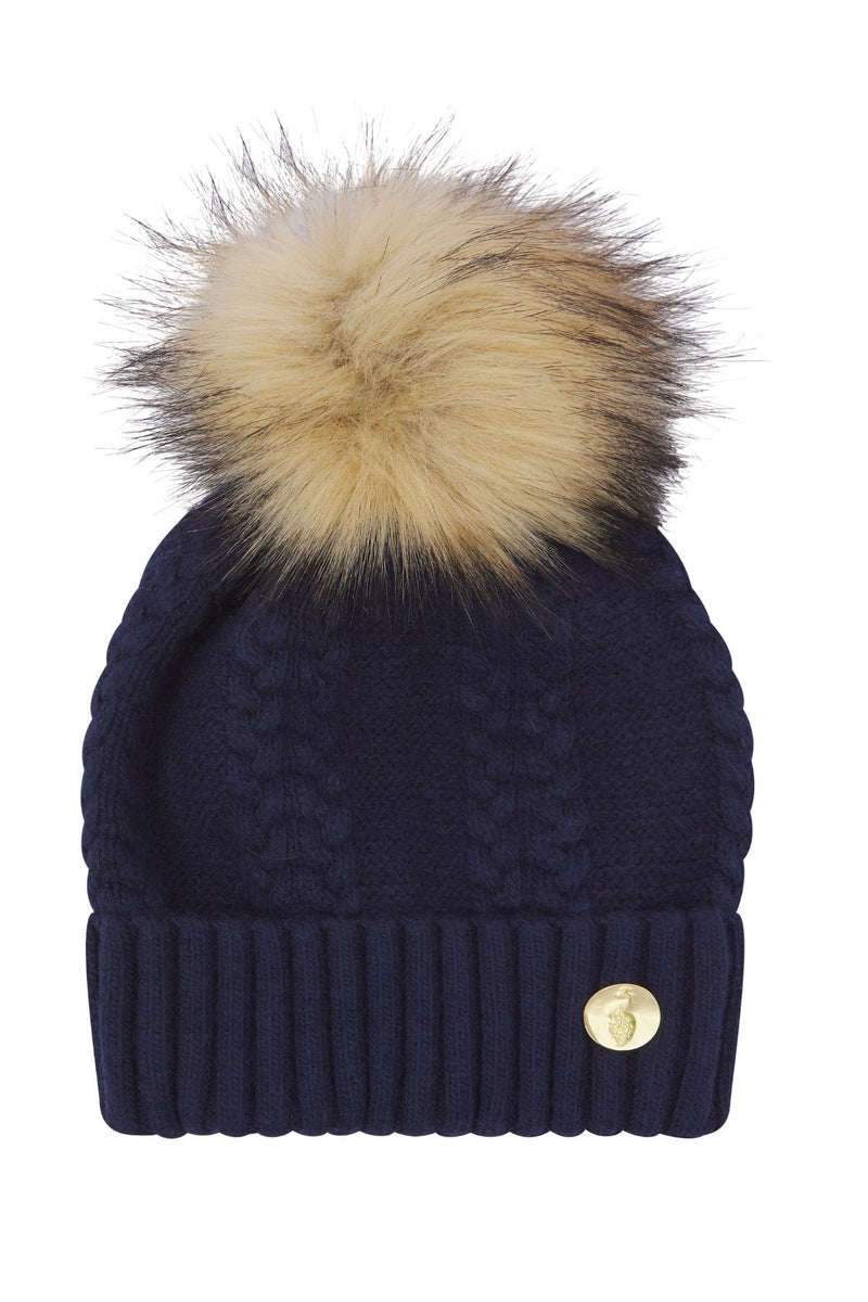 Cable Knit Cashmere Pom Pom Hat - Navy