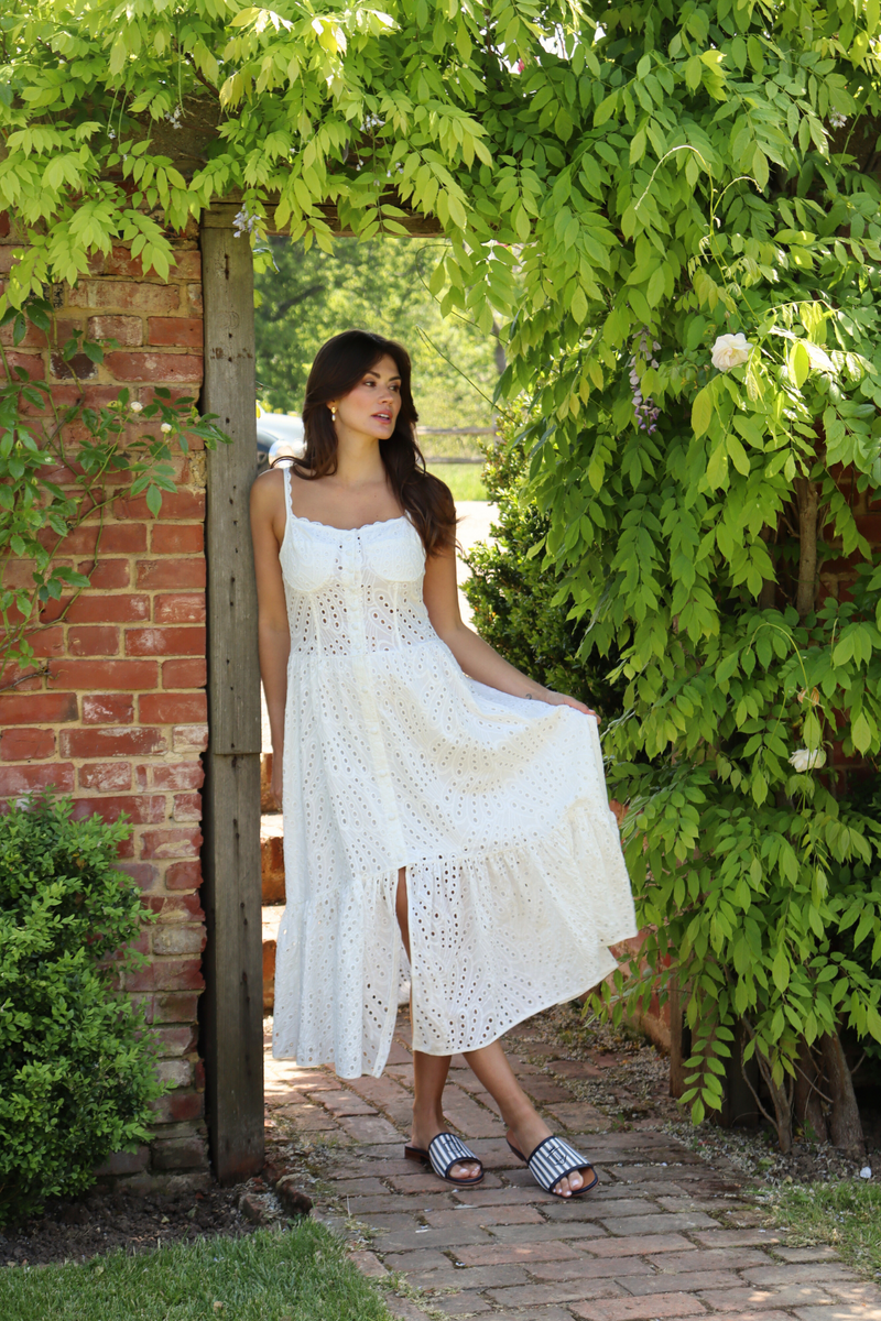 The Cannes Broderie Dress White