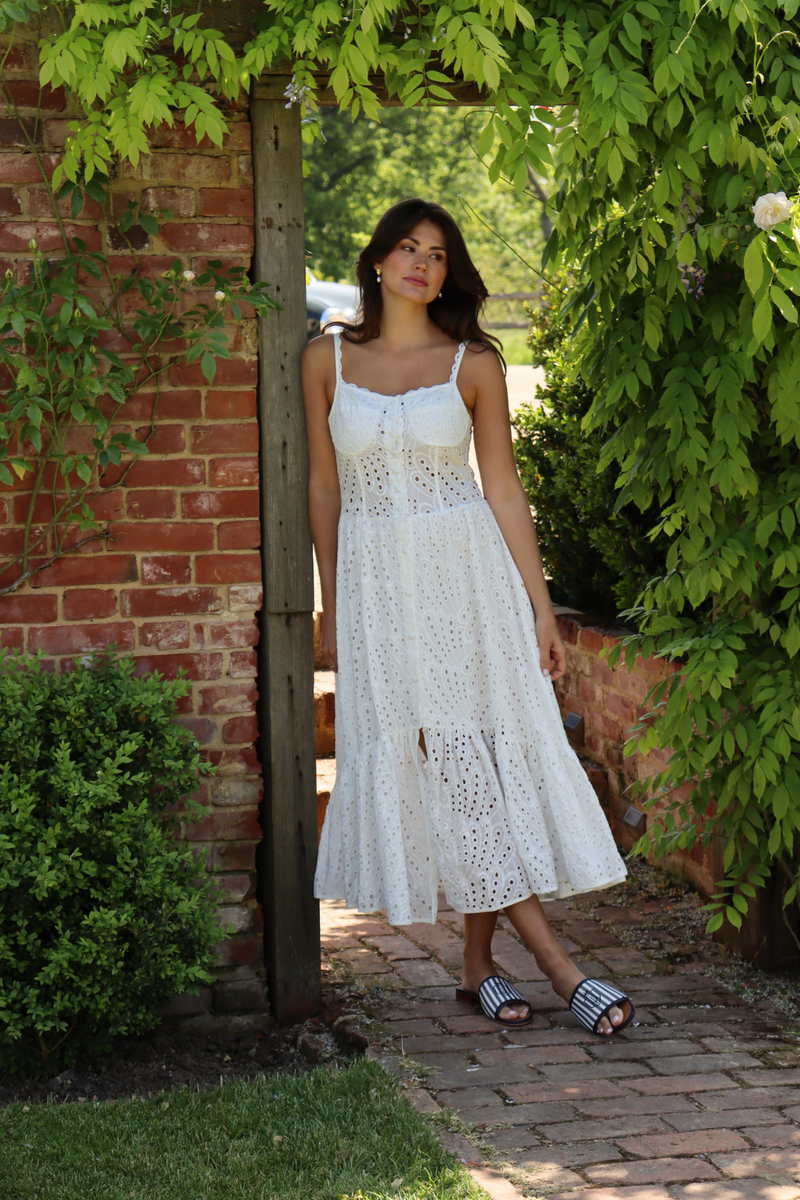 The Cannes Broderie Dress White