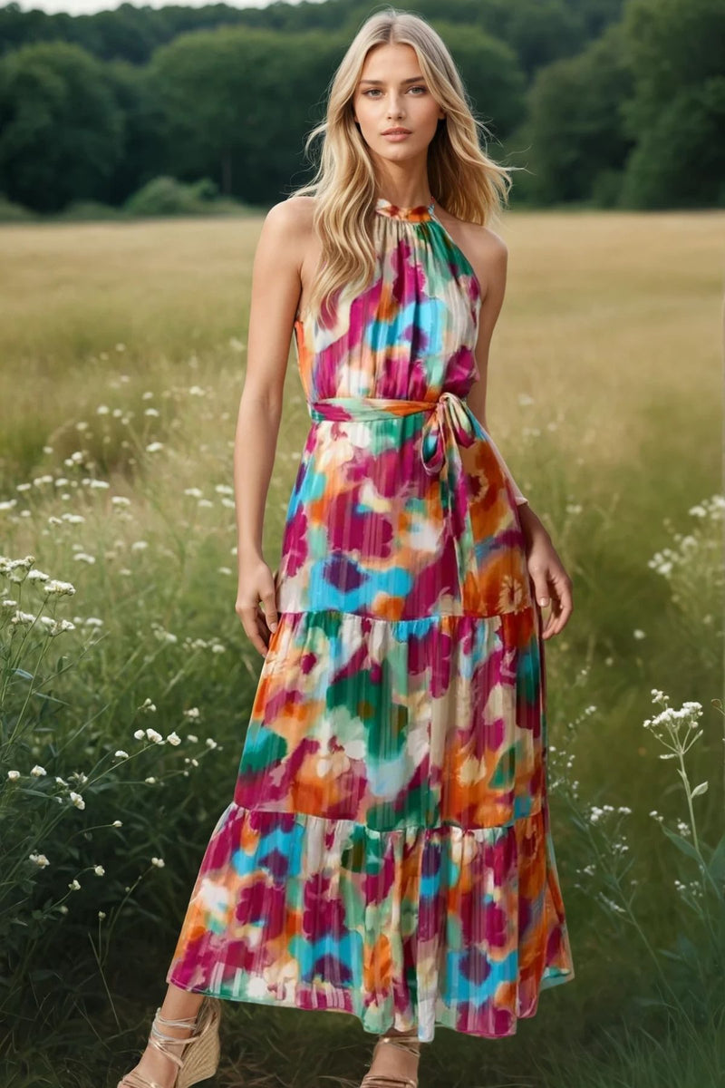Watercolour Halterneck Belted Maxi Dress