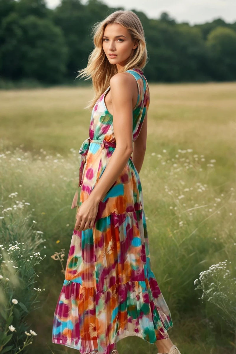 Watercolour Halterneck Belted Maxi Dress