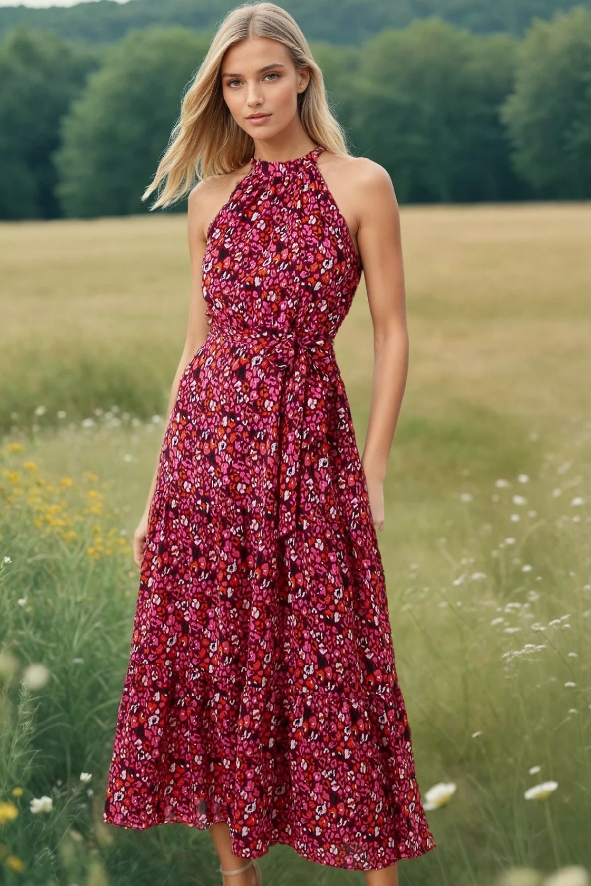 Abstract Halterneck Dress Red