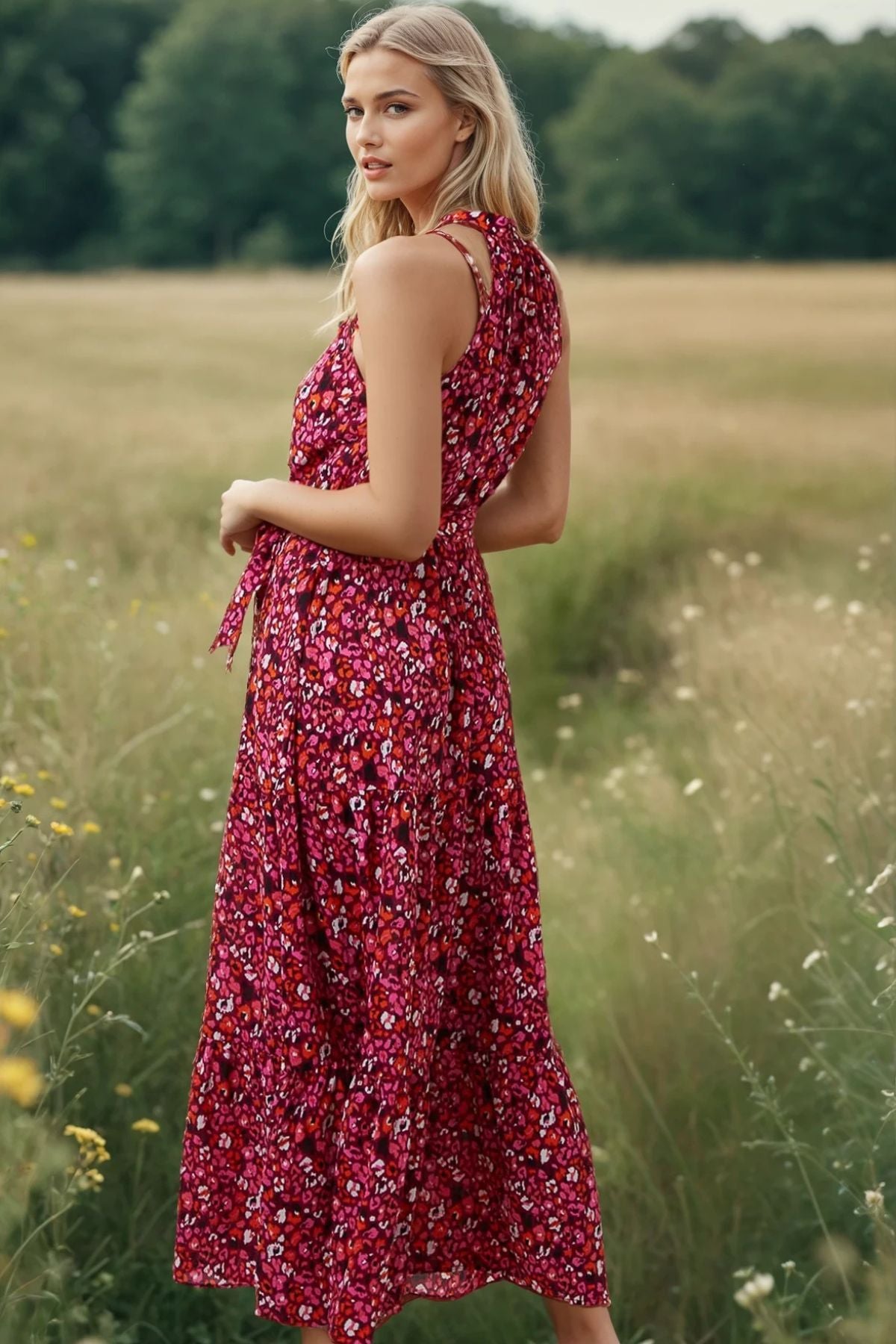 Abstract Halterneck Dress Red