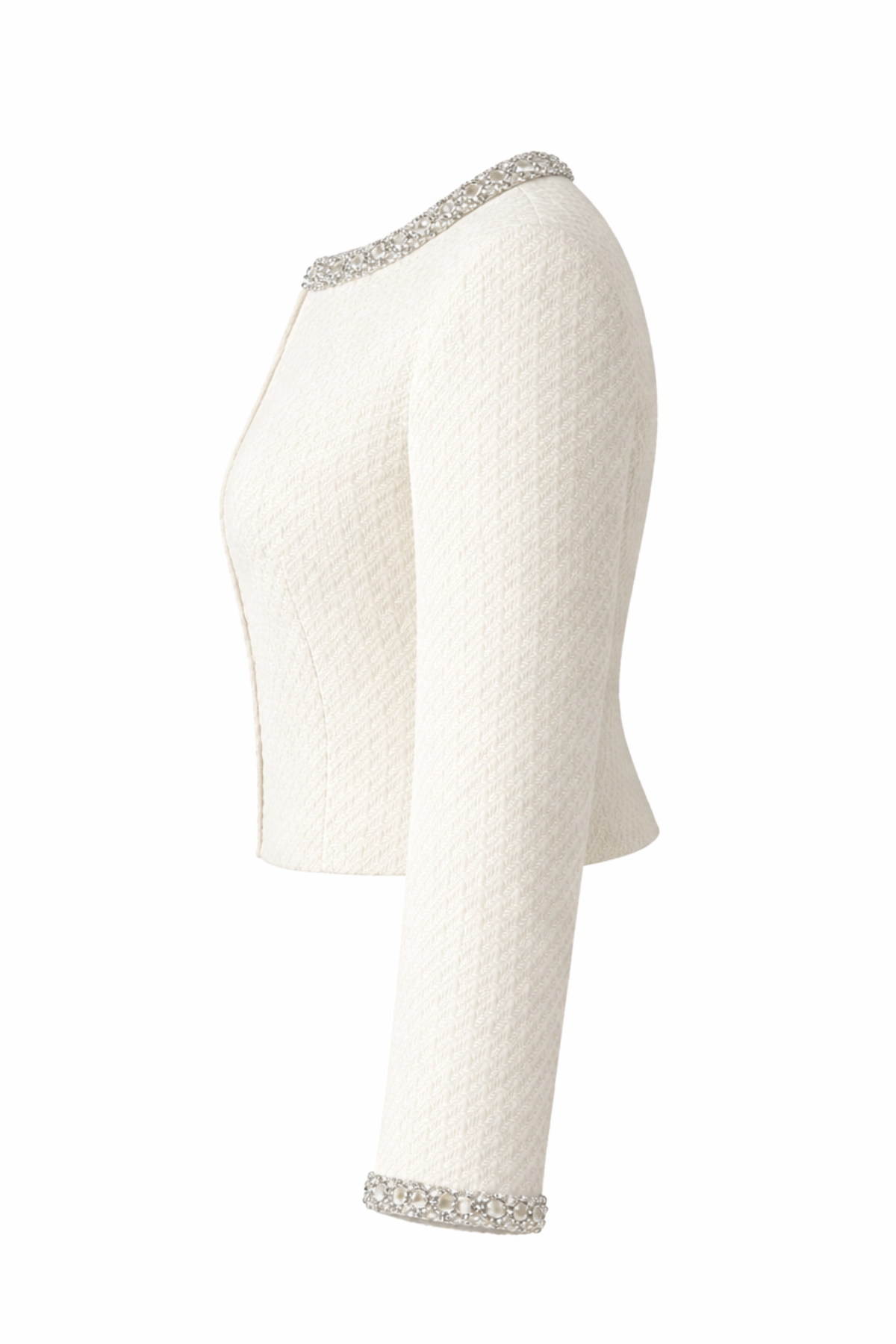 Mila Tweed Cropped Embellished Ivory Jacket