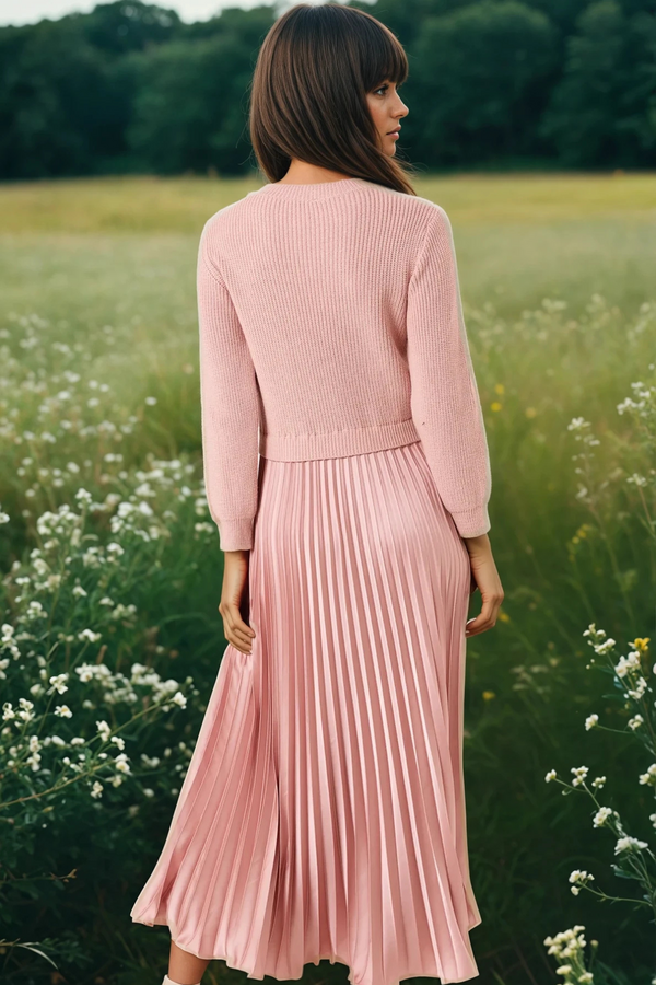 Knit Top Pleated Dress Powder Pink