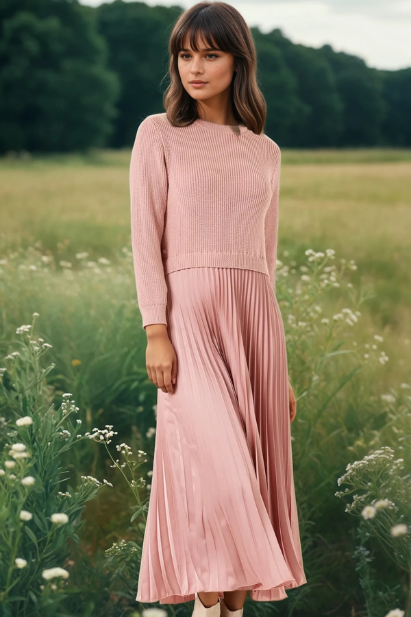 Knit Top Pleated Dress Powder Pink