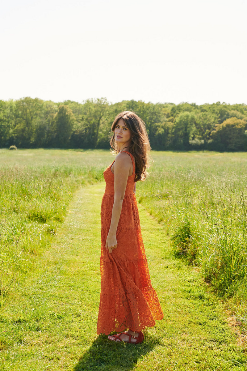 The Monaco Lace Maxi Dress Sunset Orange