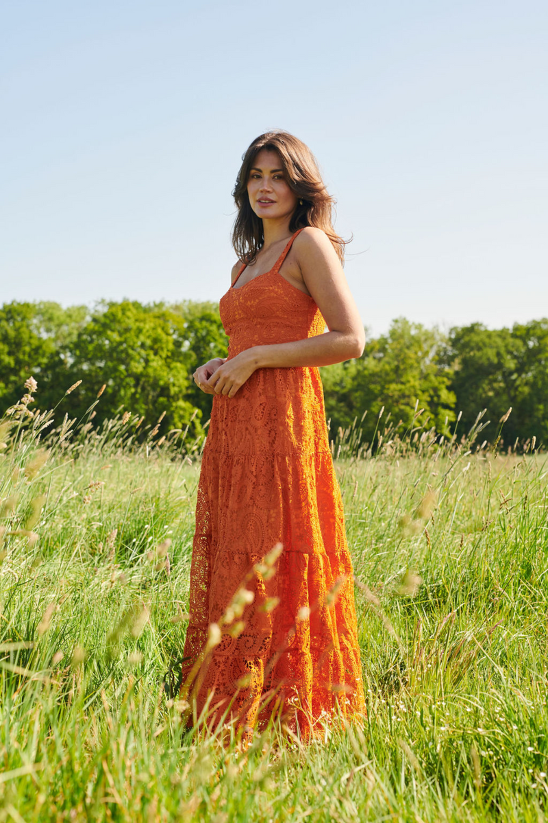 The Monaco Lace Maxi Dress Sunset Orange