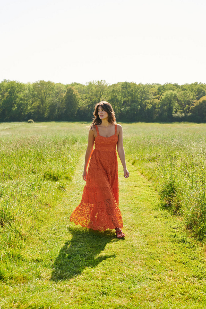 The Monaco Lace Maxi Dress Sunset Orange