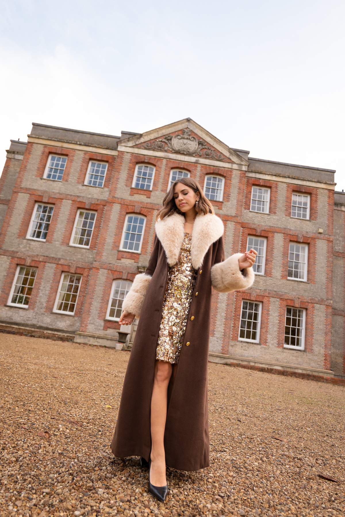 Huntington Cashmere Coat Chocolate Brown & Beige Fur