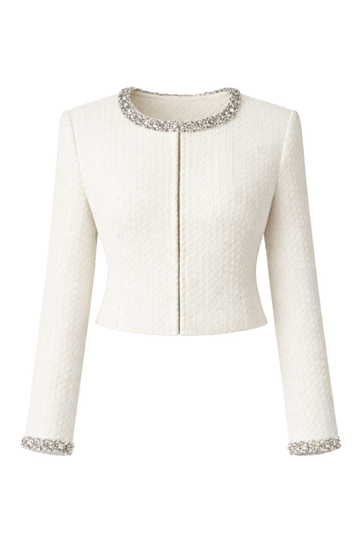 Mila Tweed Cropped Embellished Ivory Jacket