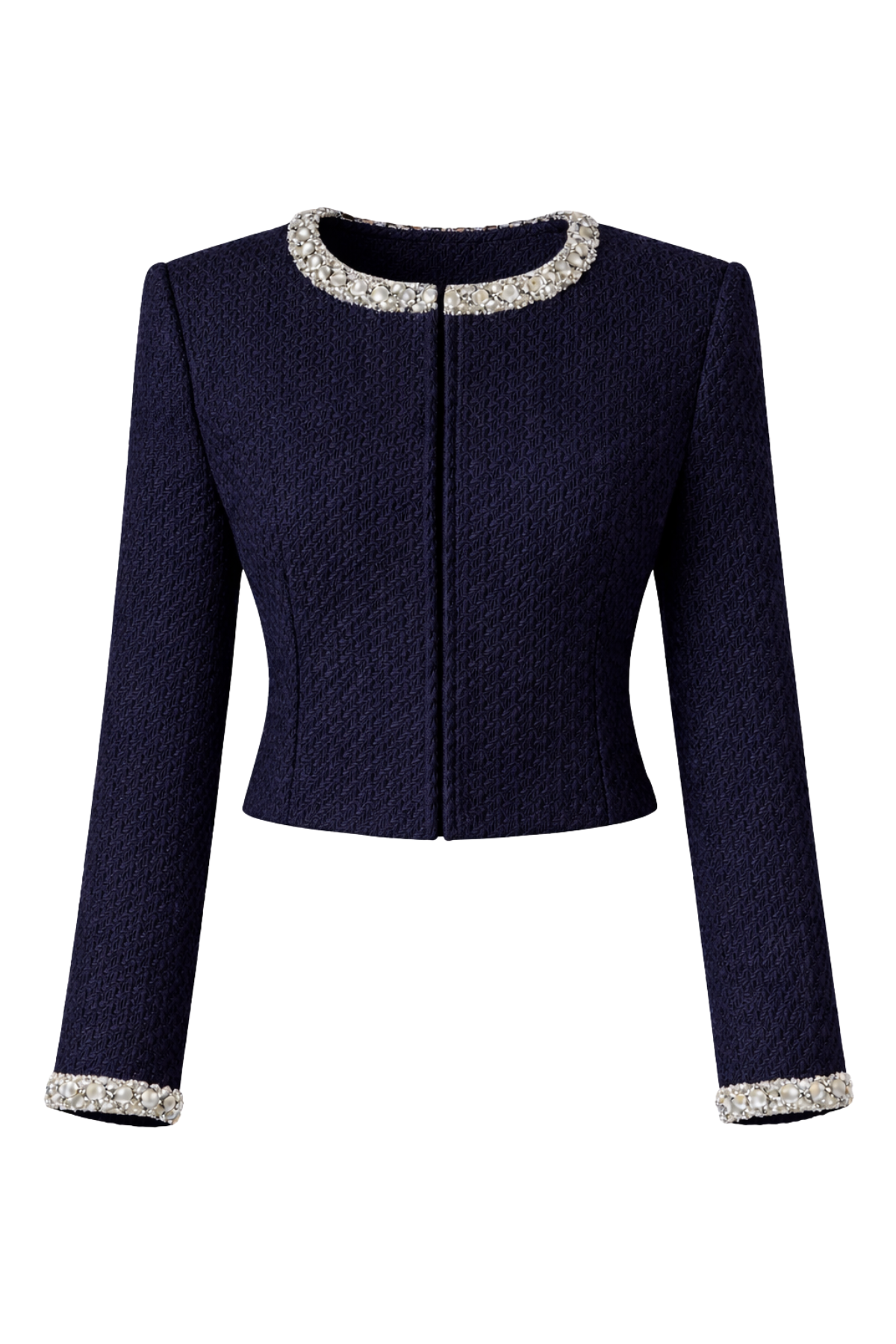 Mila Tweed Cropped Embellished Navy Jacket