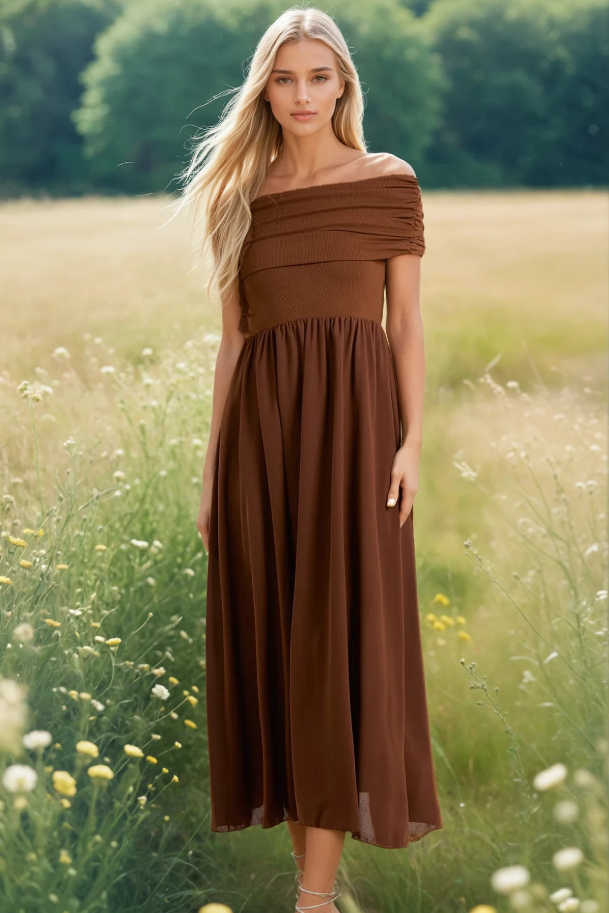 Bardot Midi Dress Chocolate Brown