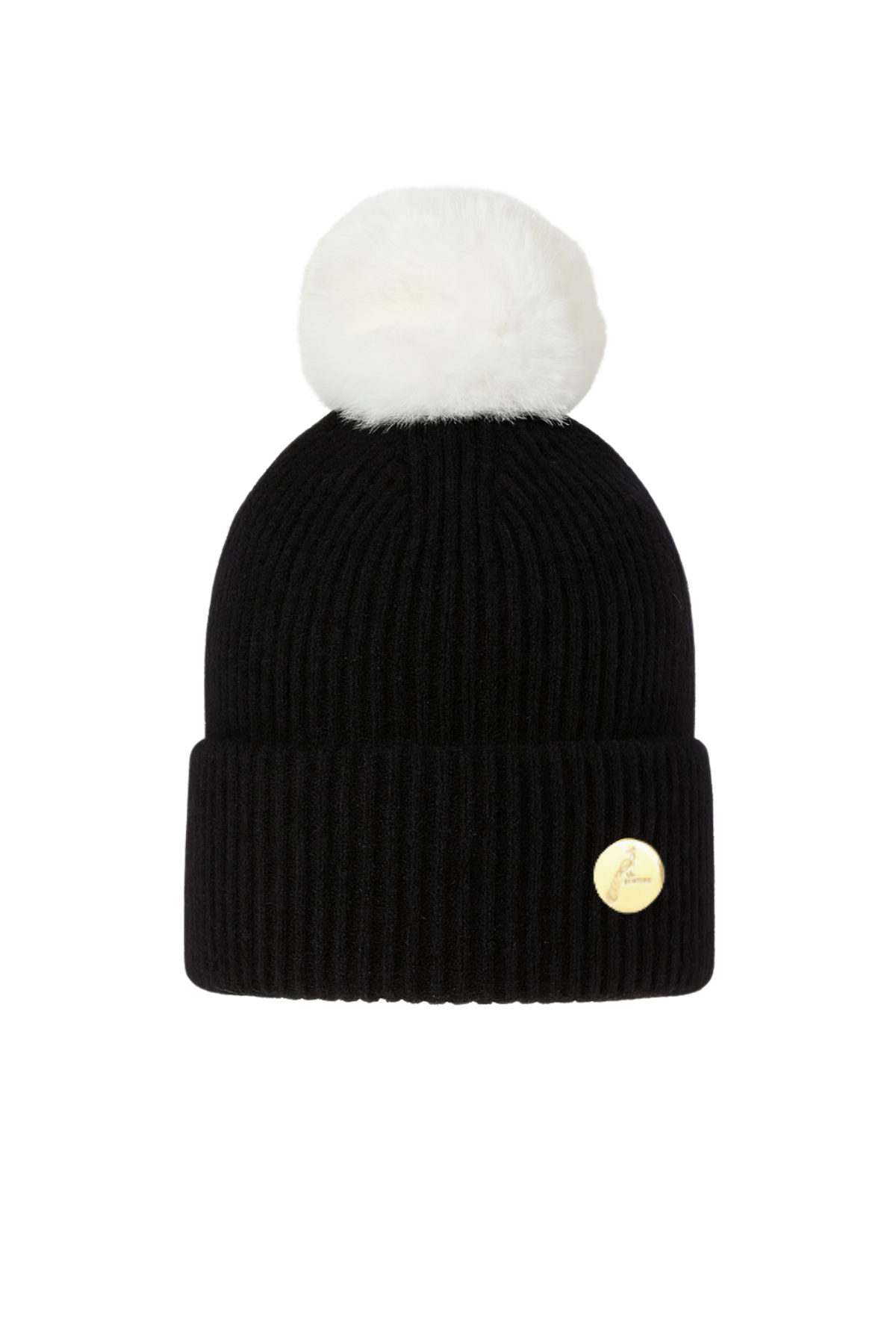 Ribbed Cashmere Beanie Black With White Pom Pom