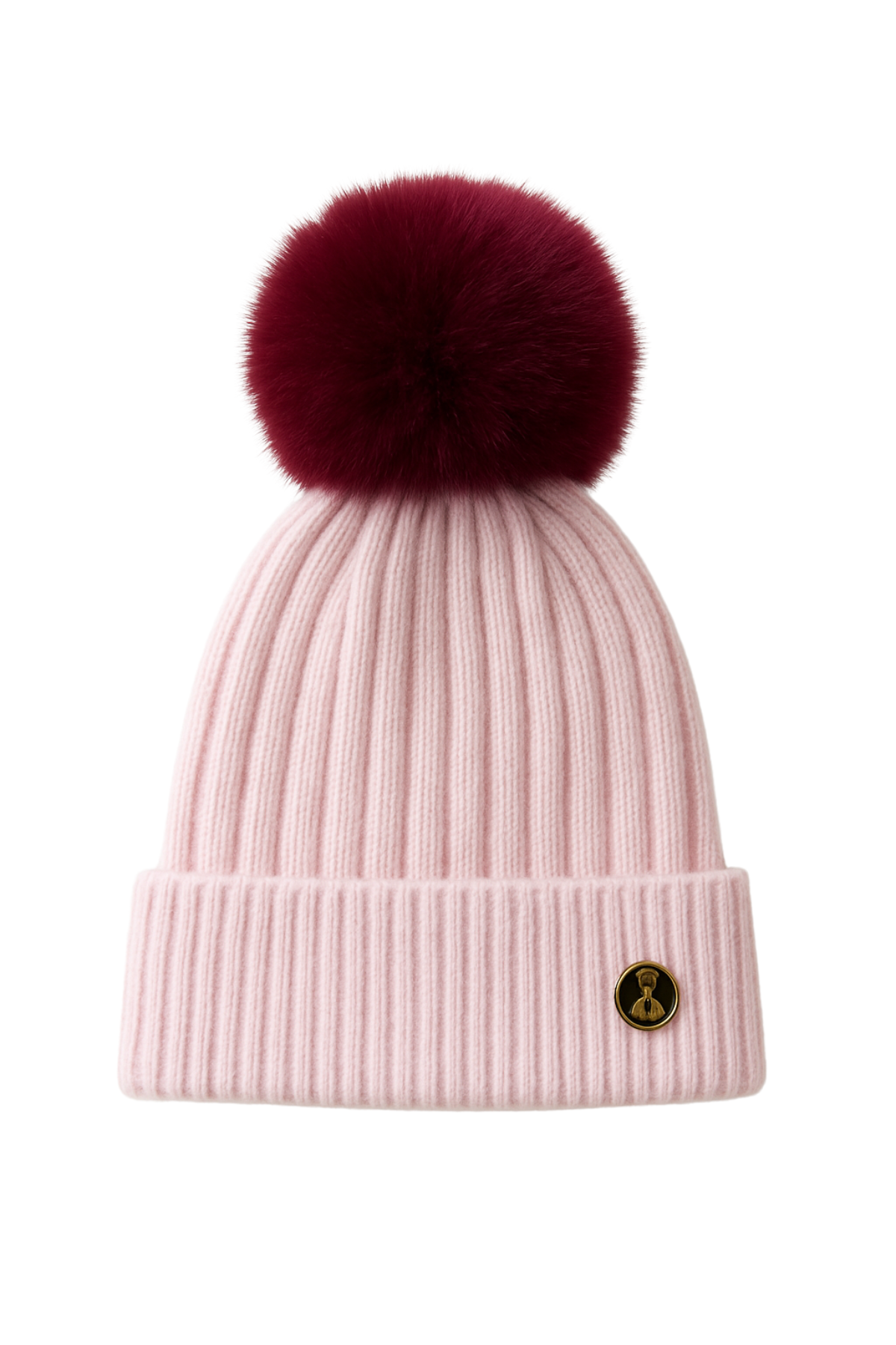 Ribbed Cashmere Beanie Pink with Burgundy Pom Pom
