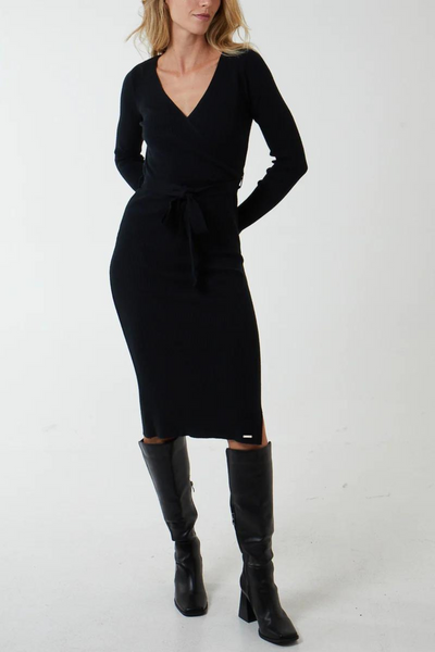 Belted Knit Midi Dress - Black