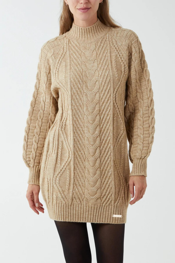 Woodstock Cable Knit Jumper Dress - Camel