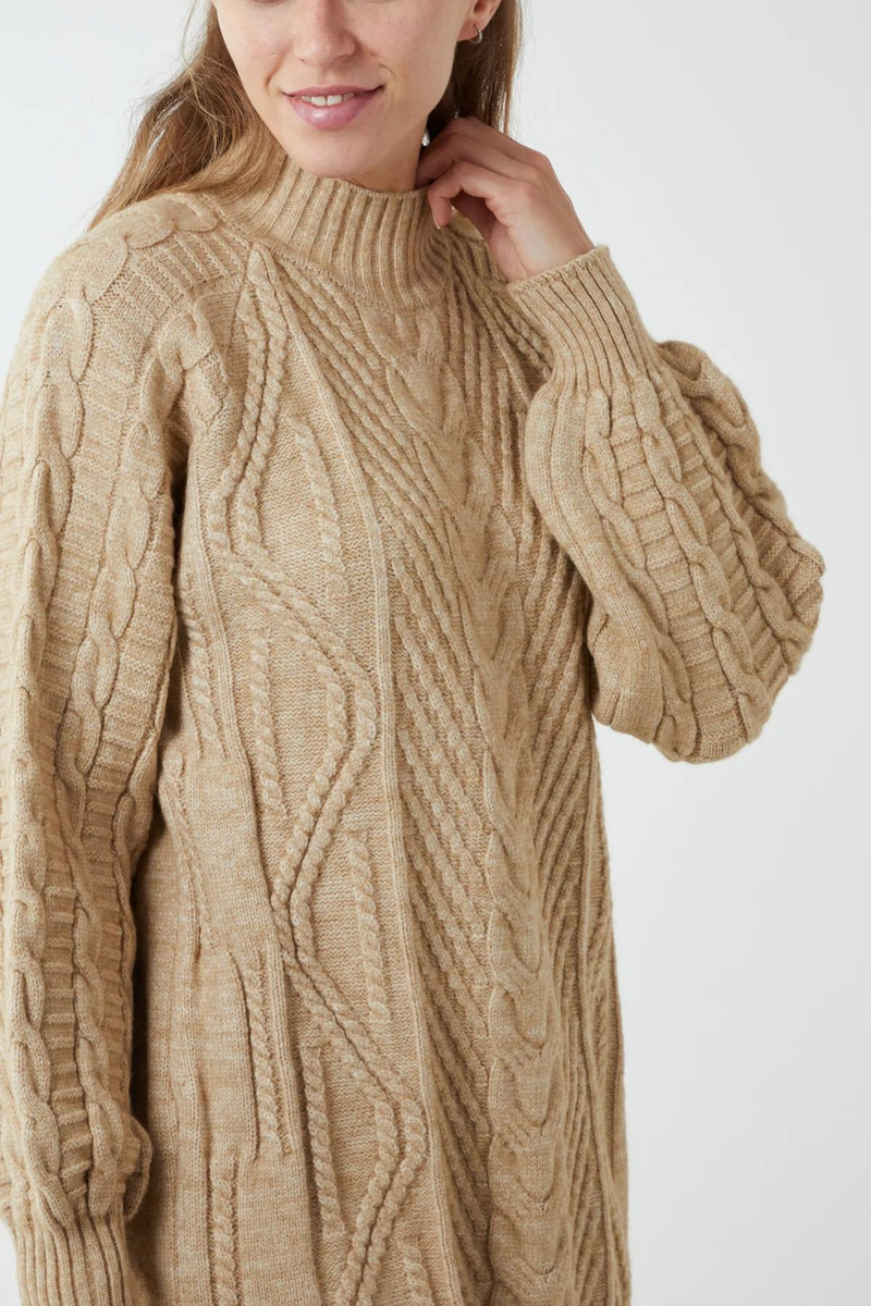 Woodstock Cable Knit Jumper Dress - Camel