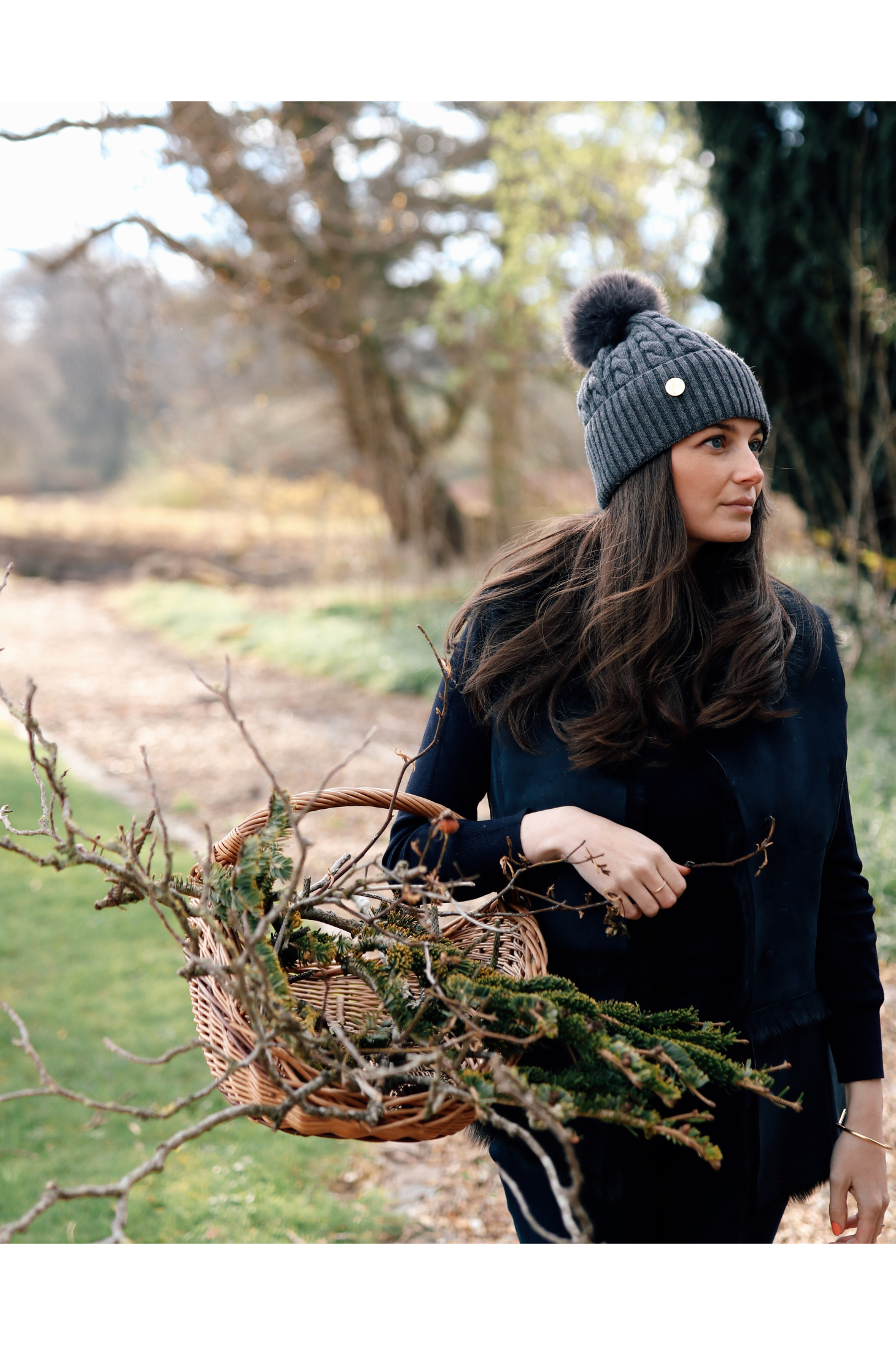 Aspen Cashmere Cable Knit Pom Pom Hat - Charcoal