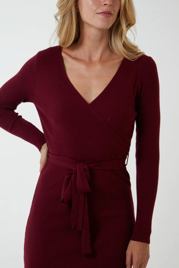 Belted Knit Midi Dress - Berry